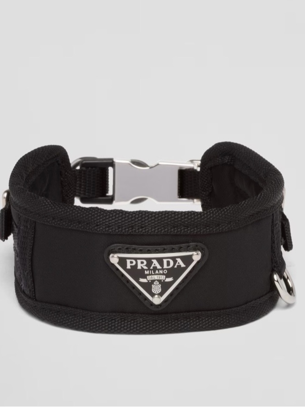 Authentic Prada Black Nylon Padded Dog Collar with Metal Triangle Logo